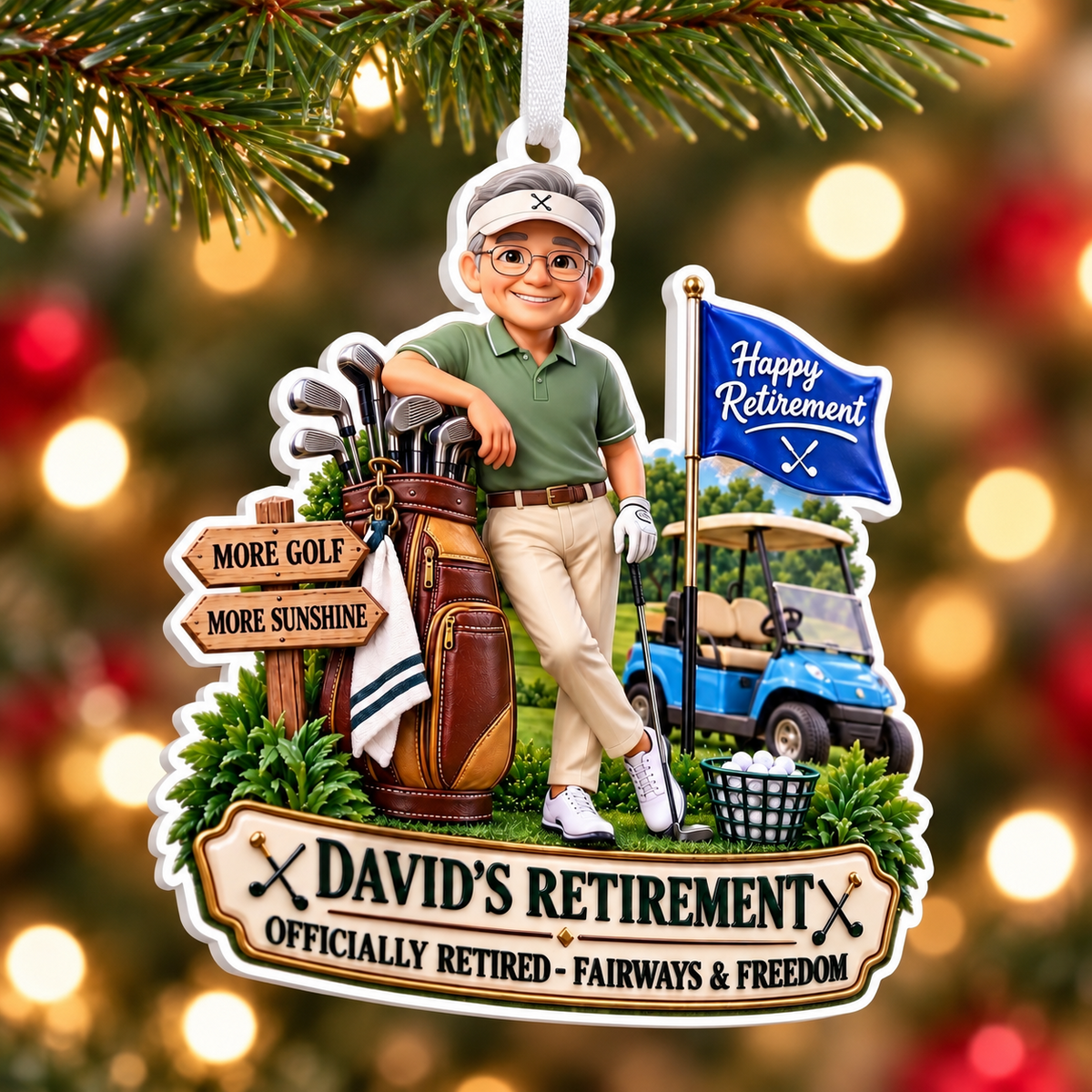 Happy Retirement Golfer with Cart and Bag Acrylic Hanging Keepsake - 3D Relief Ornament