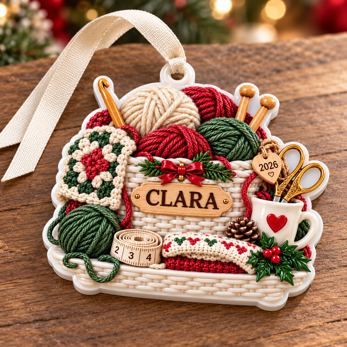 Crochet and Knitting Basket Yarn Balls Holiday Keepsake - 3D Relief Ornament