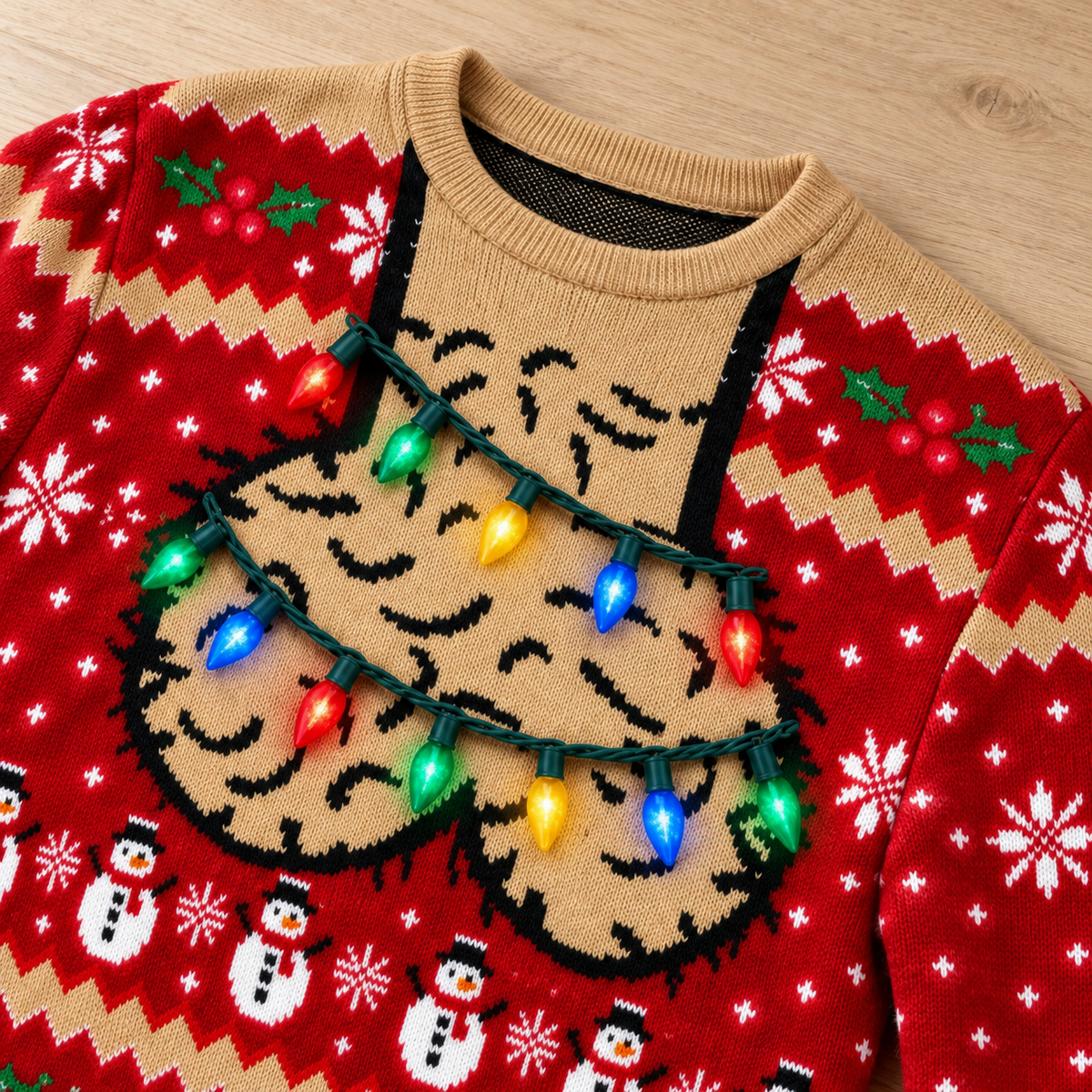 Funny Christmas Sweatshirt with Hairy Jingle Balls String Lights