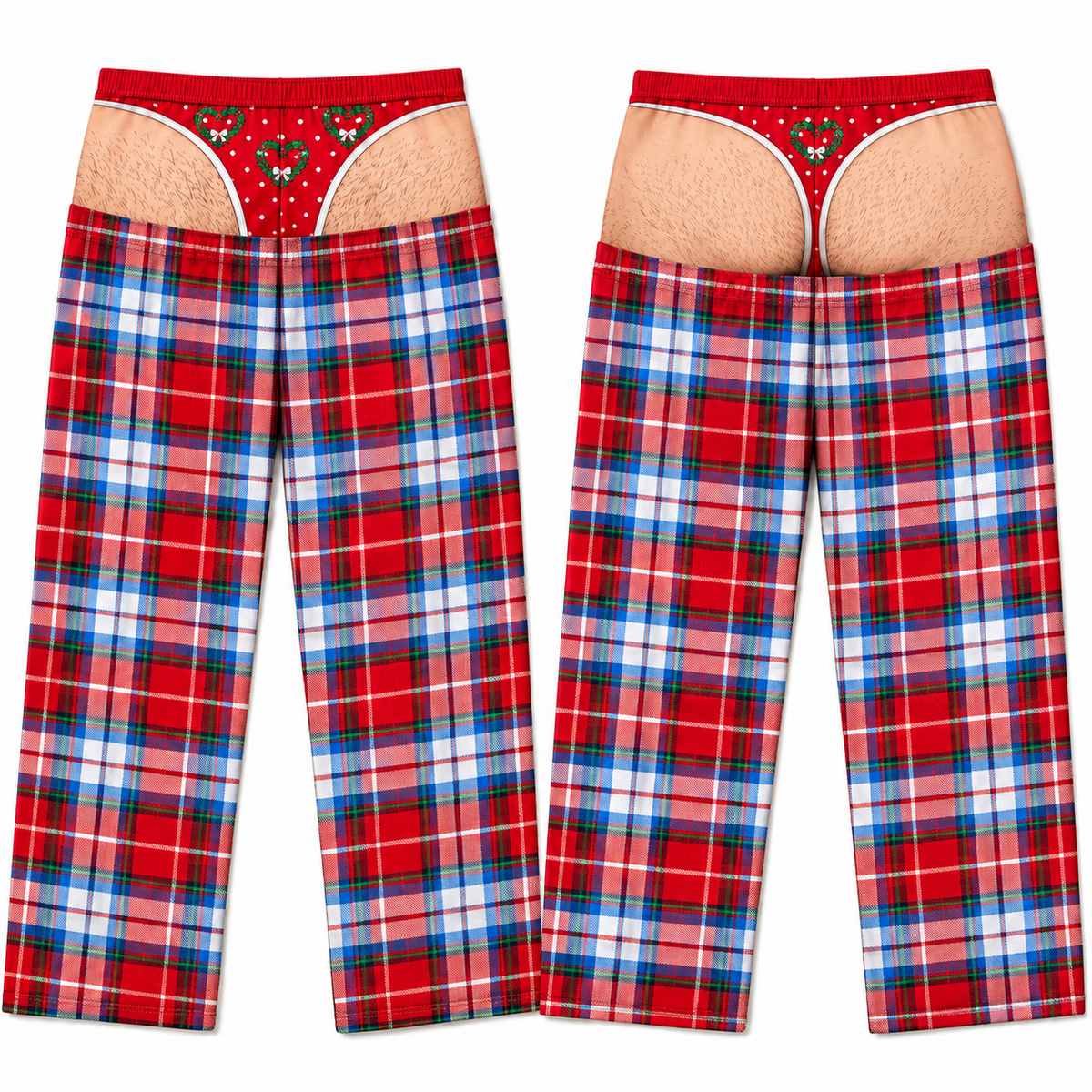Plaid Pajama Pants with Faux Underwear Print Holiday Lounge Bottoms