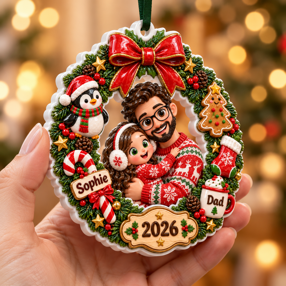 Father and Daughter Christmas Wreath Holiday Keepsake - 3D Relief Ornament