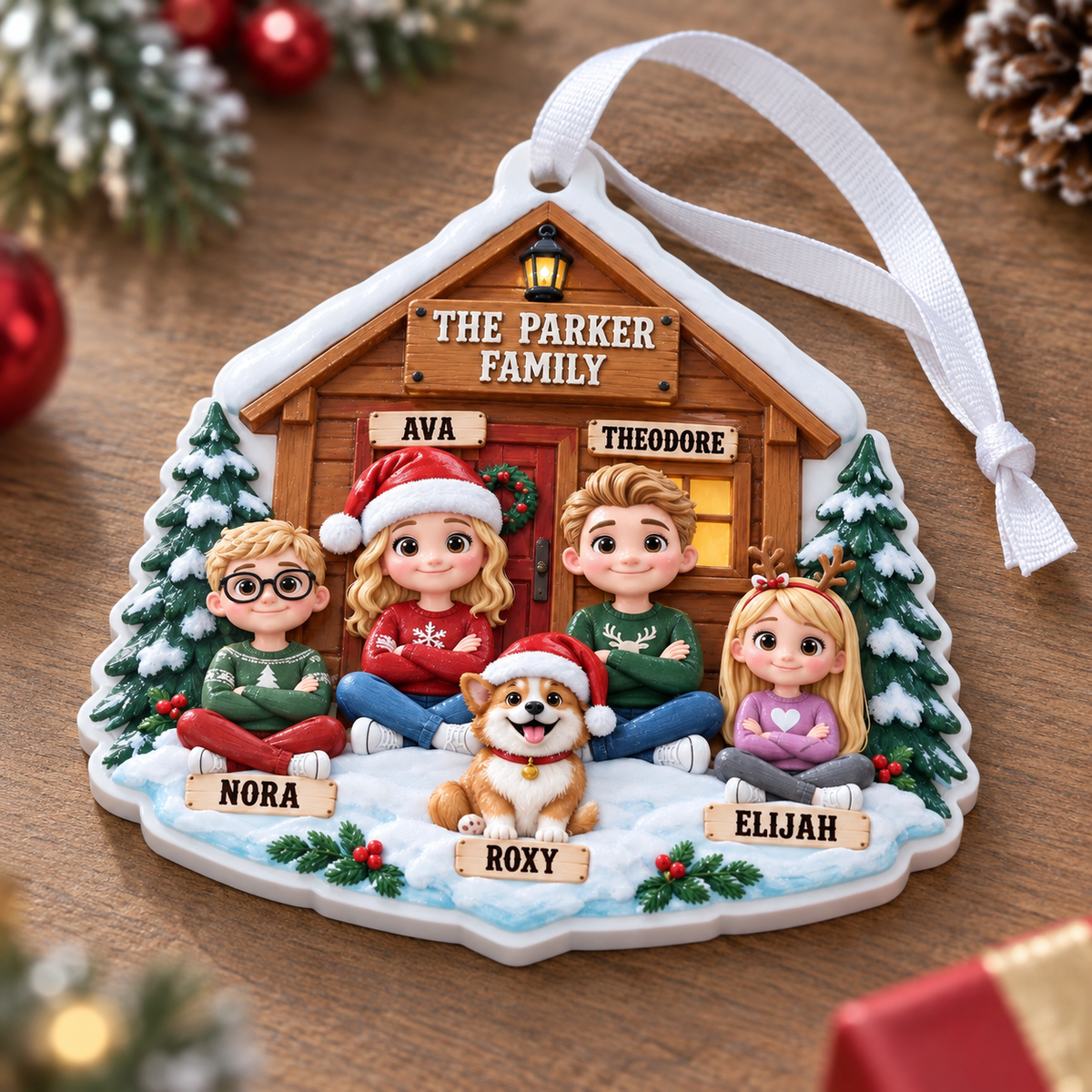 Family and Pet Dog Winter Log Cabin Christmas Tree Hanging Keepsake - 3D Relief Ornament