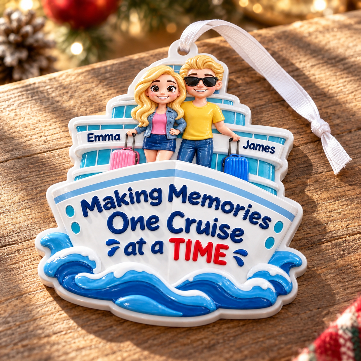 Cruise Ship Couple Vacation Holiday Hanging Decor in Ocean Blue and White - 3D Relief Ornament