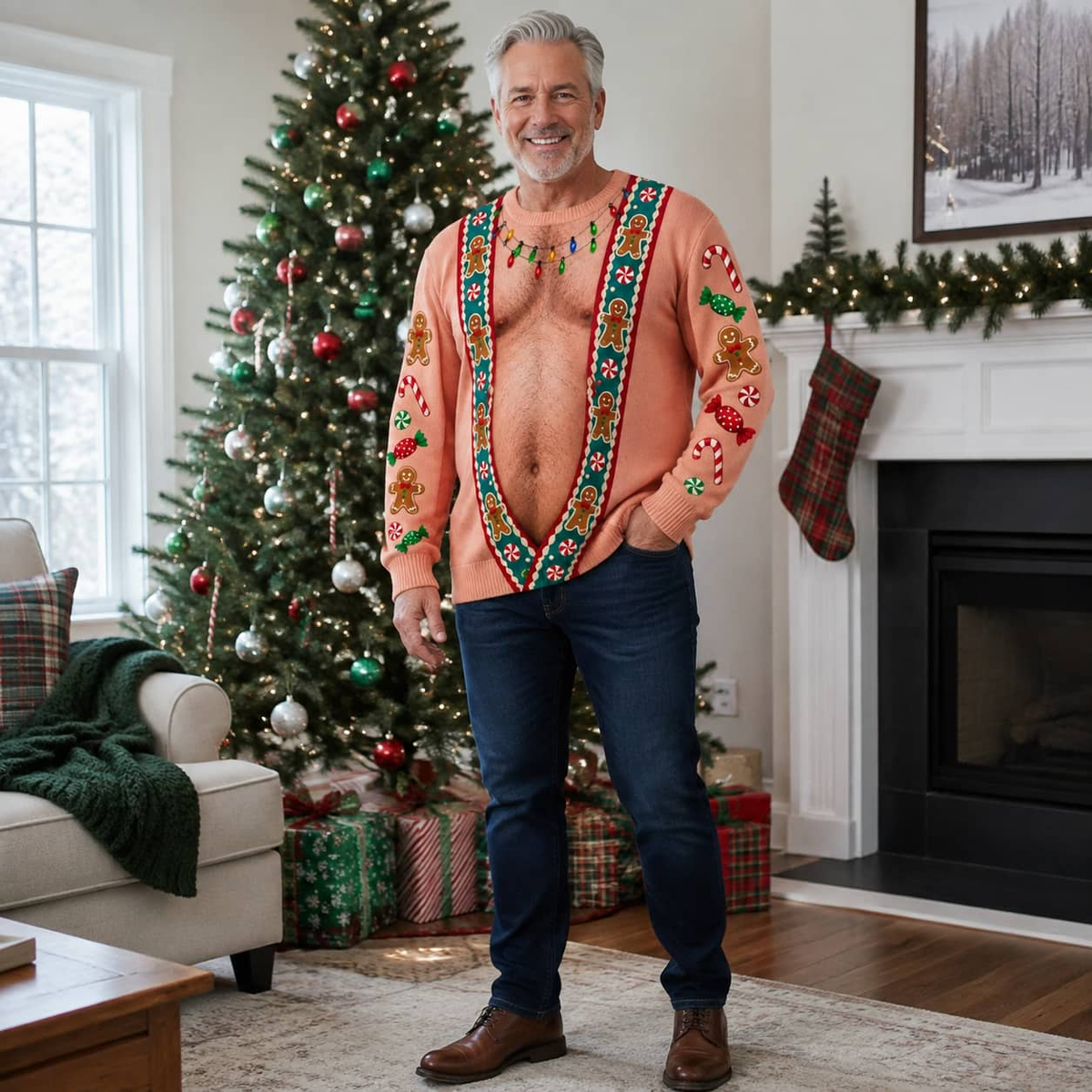 Funny Christmas Sweatshirt Hairy Muscle Chest Graphic Pullover