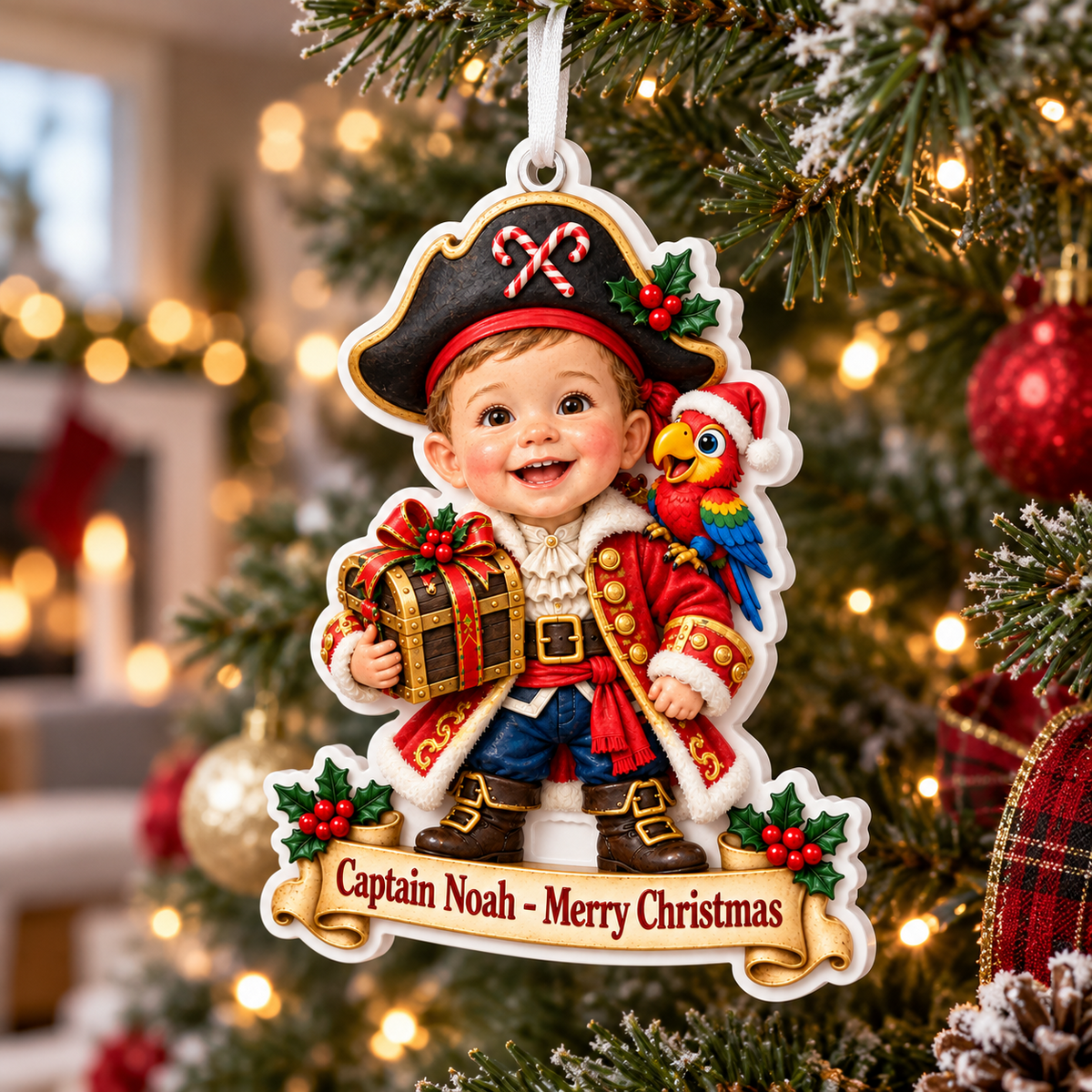 Little Pirate Boy with Parrot and Treasure Chest Acrylic Hanging Holiday - 3D Relief Ornament