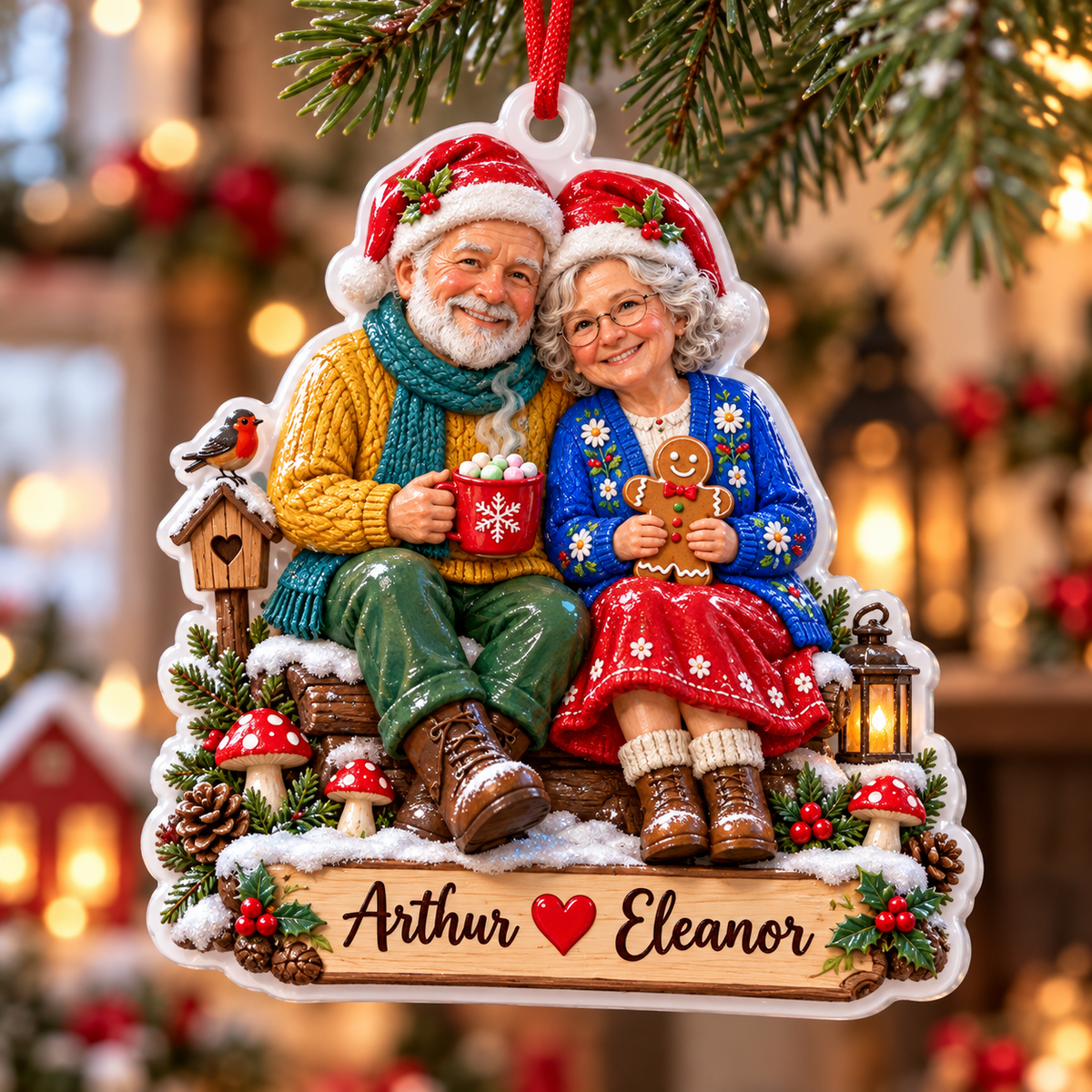 Elderly Couple Sitting on Log Winter Christmas Scene Hanging Acrylic Plaque - 3D Relief Ornament
