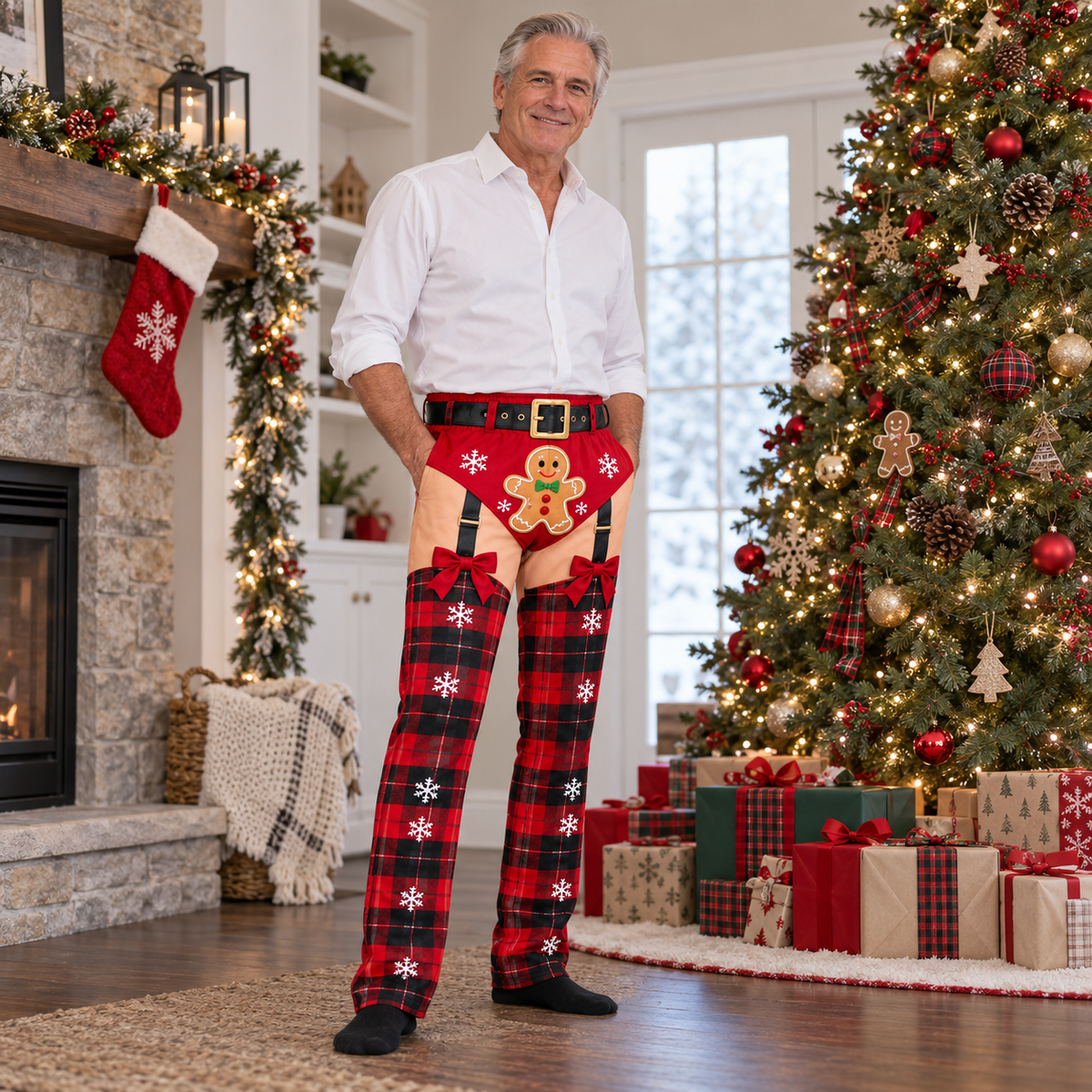 Funny Christmas Pajama Pants Plaid Gingerbread Garter Belt Trousers