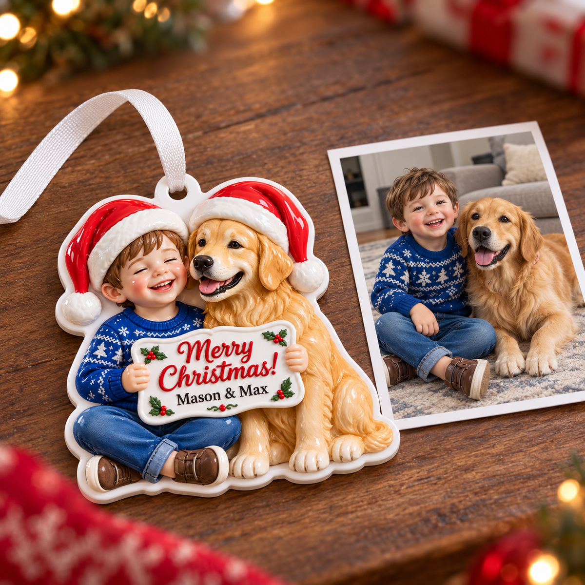 Boy and Golden Retriever Dog with Santa Hats Holiday Keepsake - 3D Relief Ornament