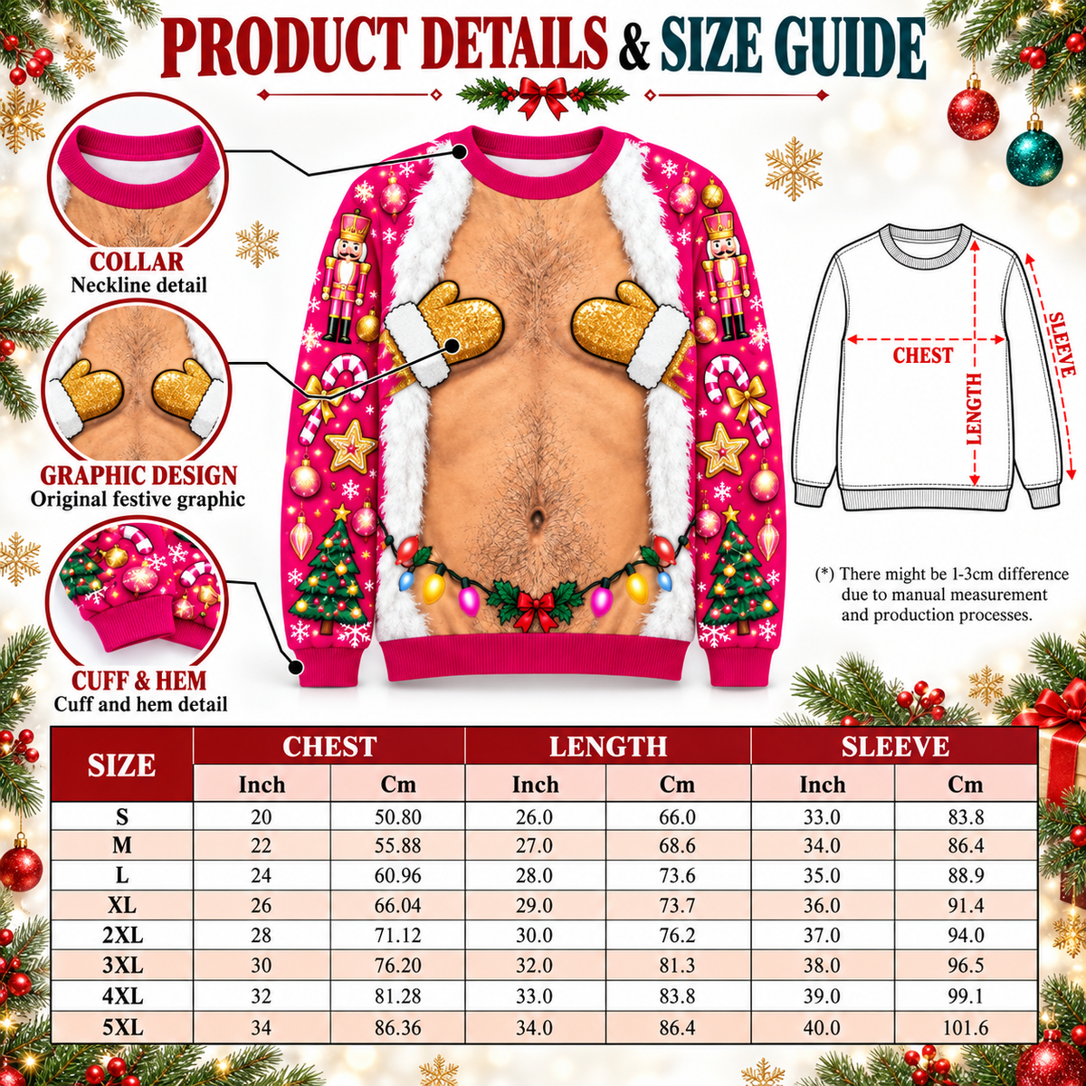Funny Christmas Sweatshirt Hairy Chest Mitten Lights Ugly Sweater