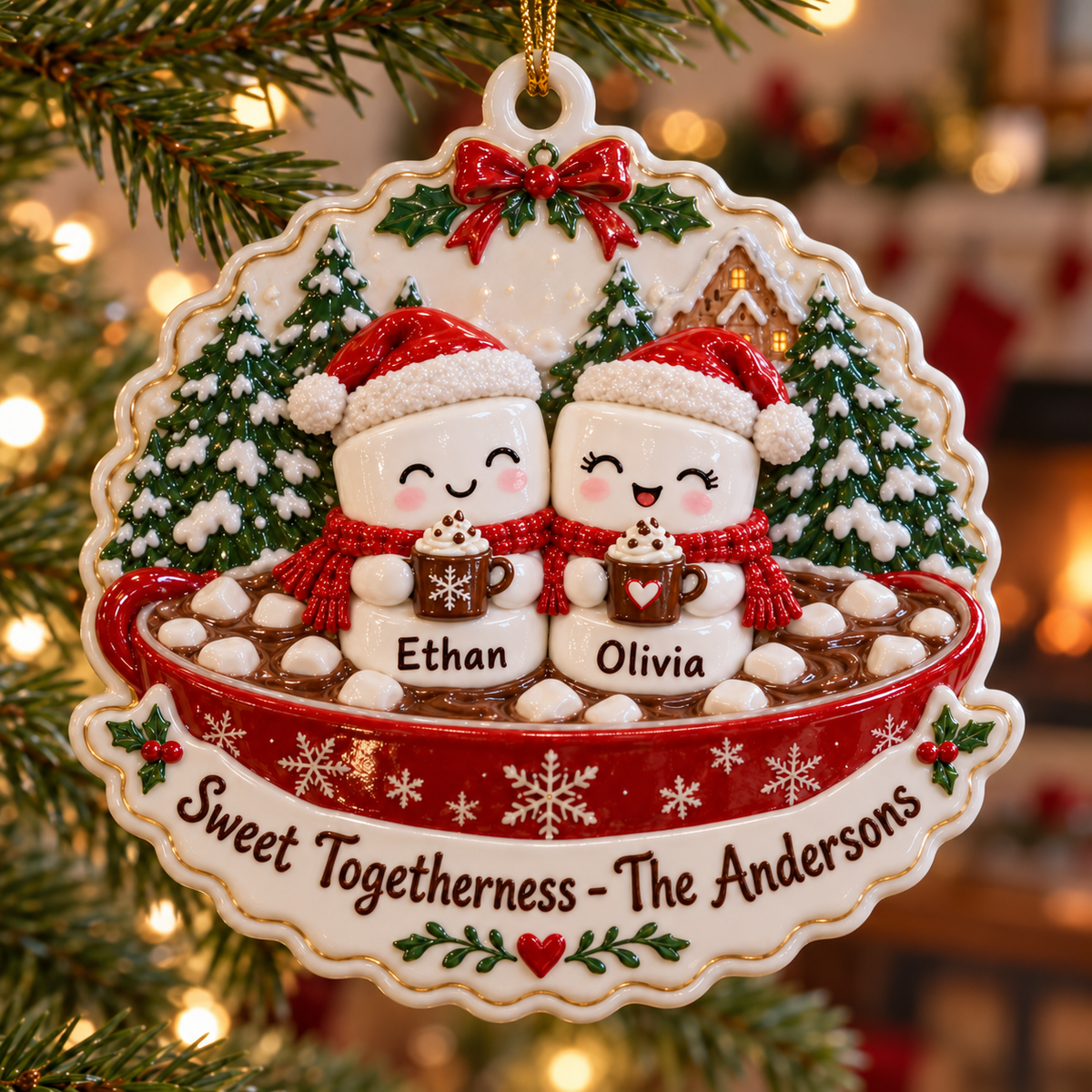 Family Marshmallows in Hot Cocoa Mug Holiday Tree Accent - 3D Relief Ornament