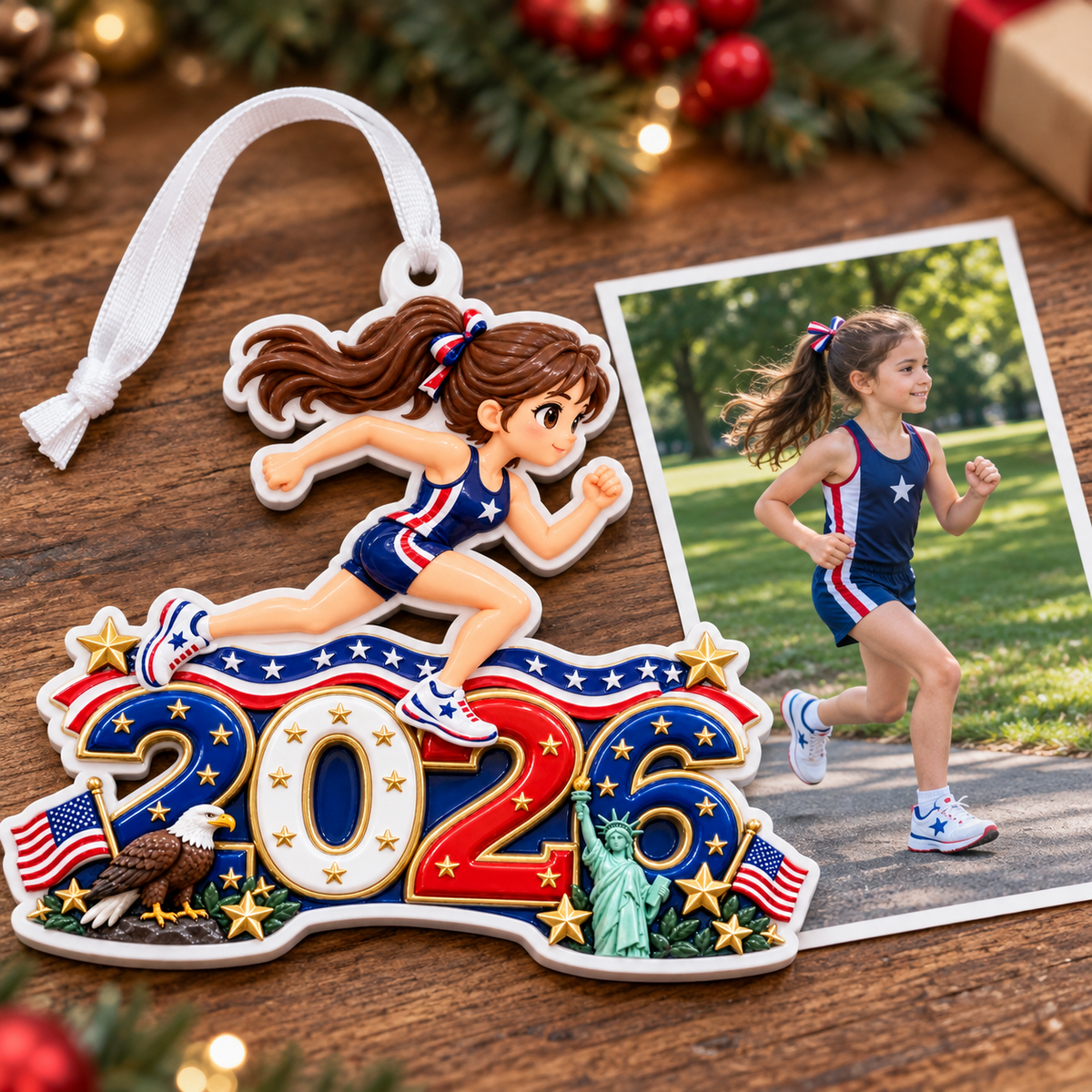 Female Runner 2026 Patriotic USA Track and Field Athlete - 3D Relief Ornament