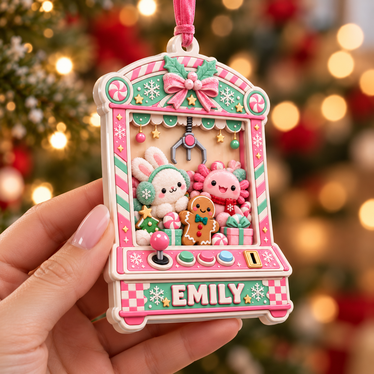 Pink Claw Machine Holiday Arcade Game with Plush Bunny and Axolotl - 3D Relief Ornament