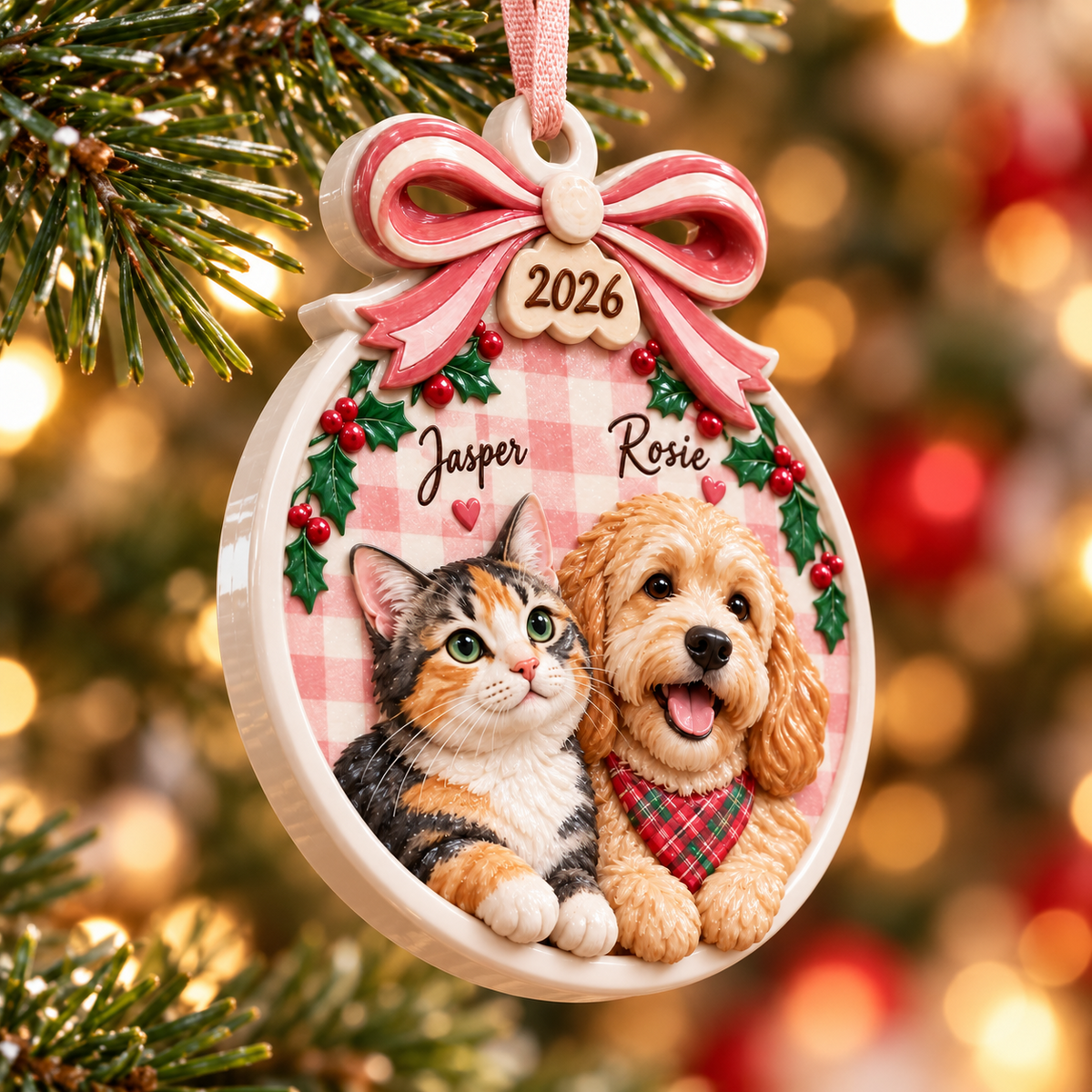 Dog and Cat Holiday Tree Hanging Keepsake with Pink Gingham Bow - 3D Relief Ornament