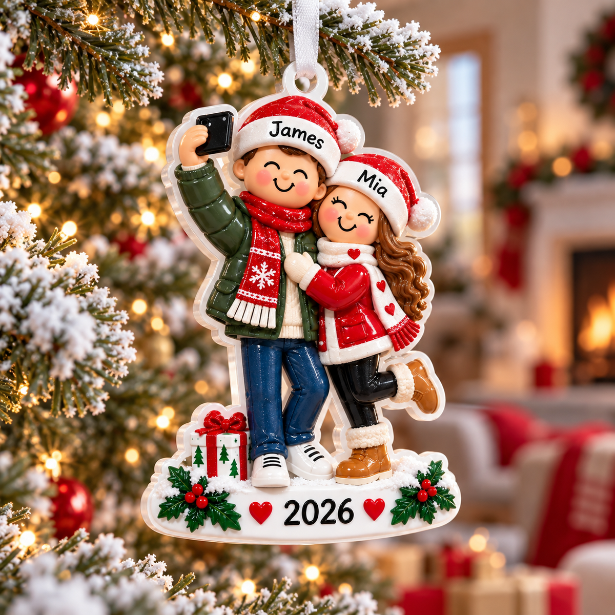 Couple Taking Selfie Christmas Tree Keepsake, Winter Holiday Figurine Hanging - 3D Relief Ornament