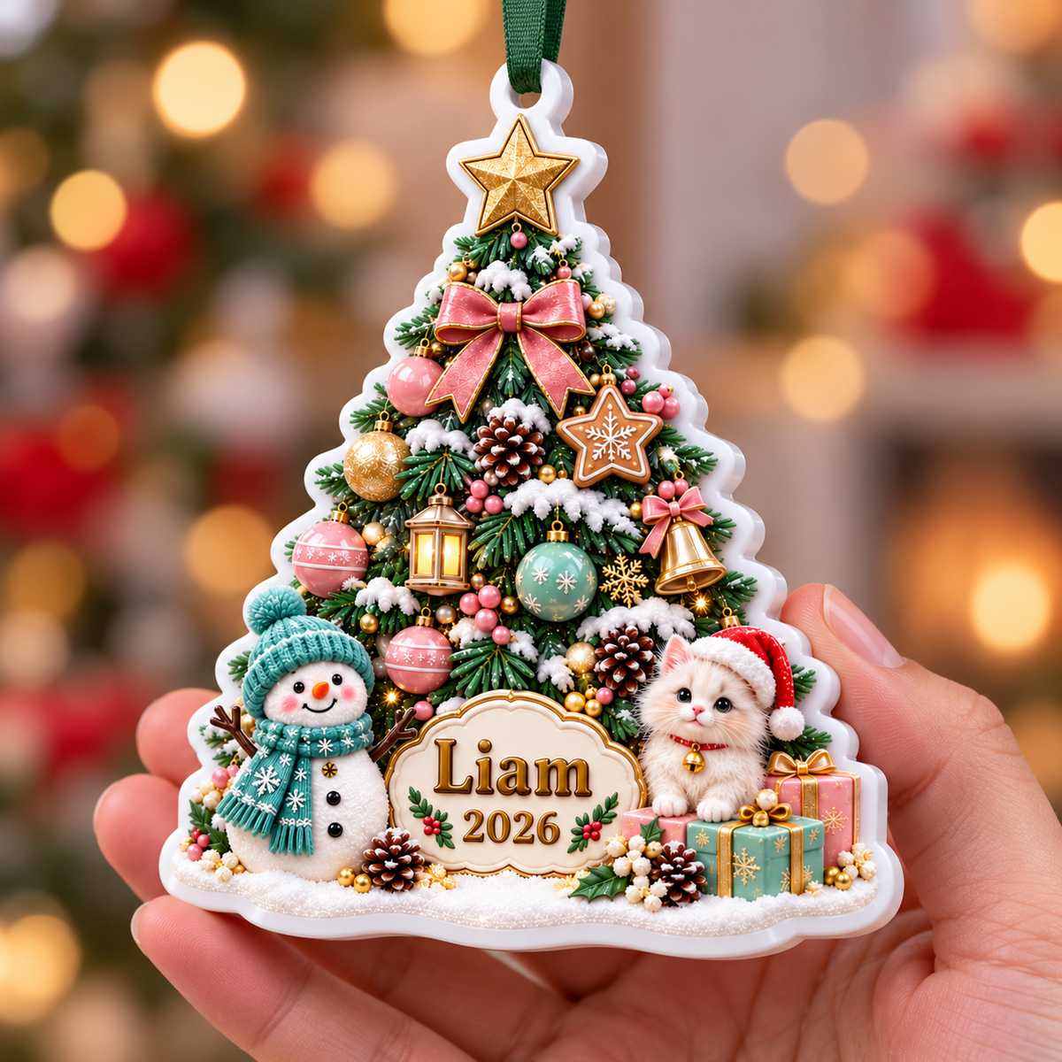Christmas Tree with Snowman and Kitten Holiday Keepsake Plaque - 3D Relief Ornament
