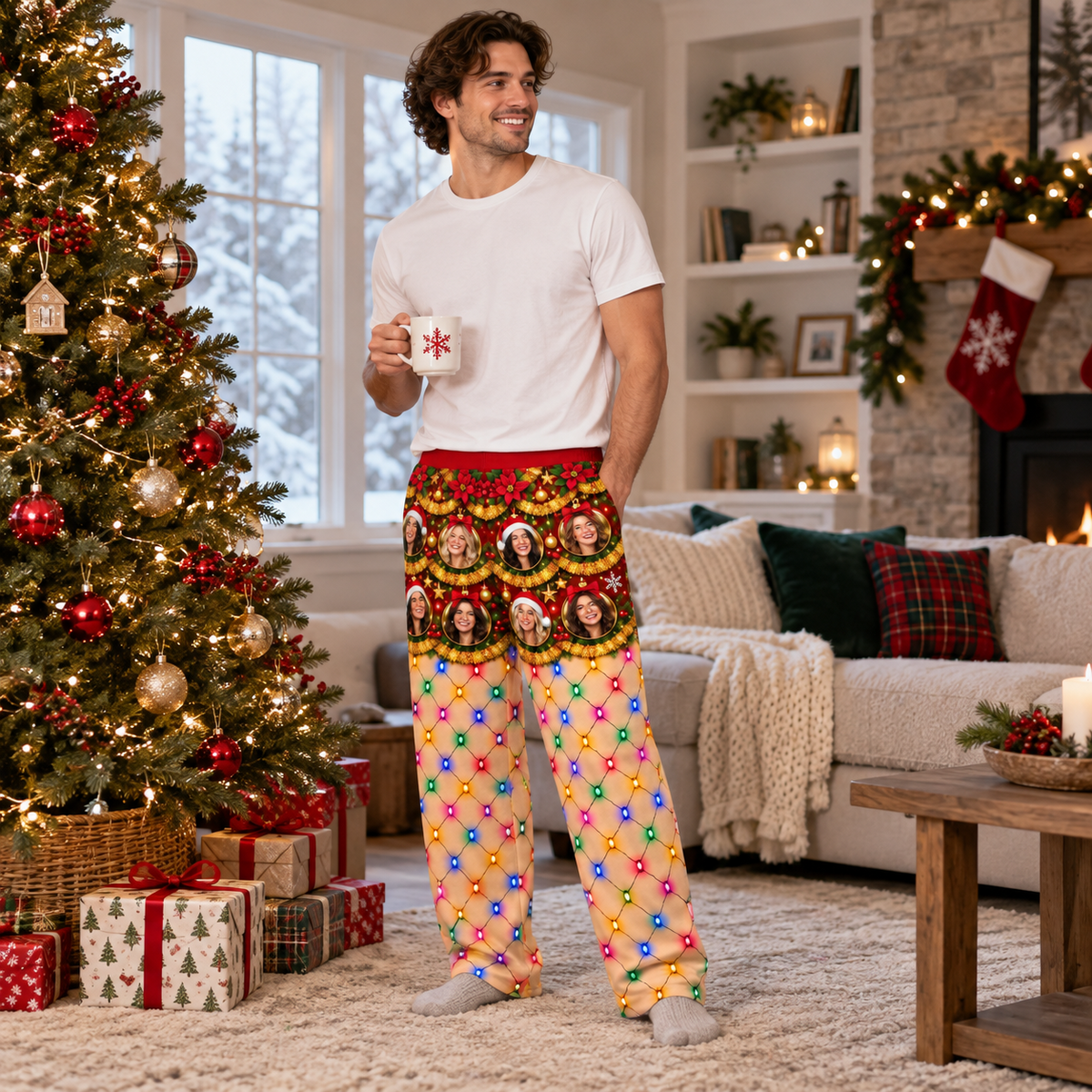 Mens Christmas Pajama Pants Holiday String Light Lounge Bottoms