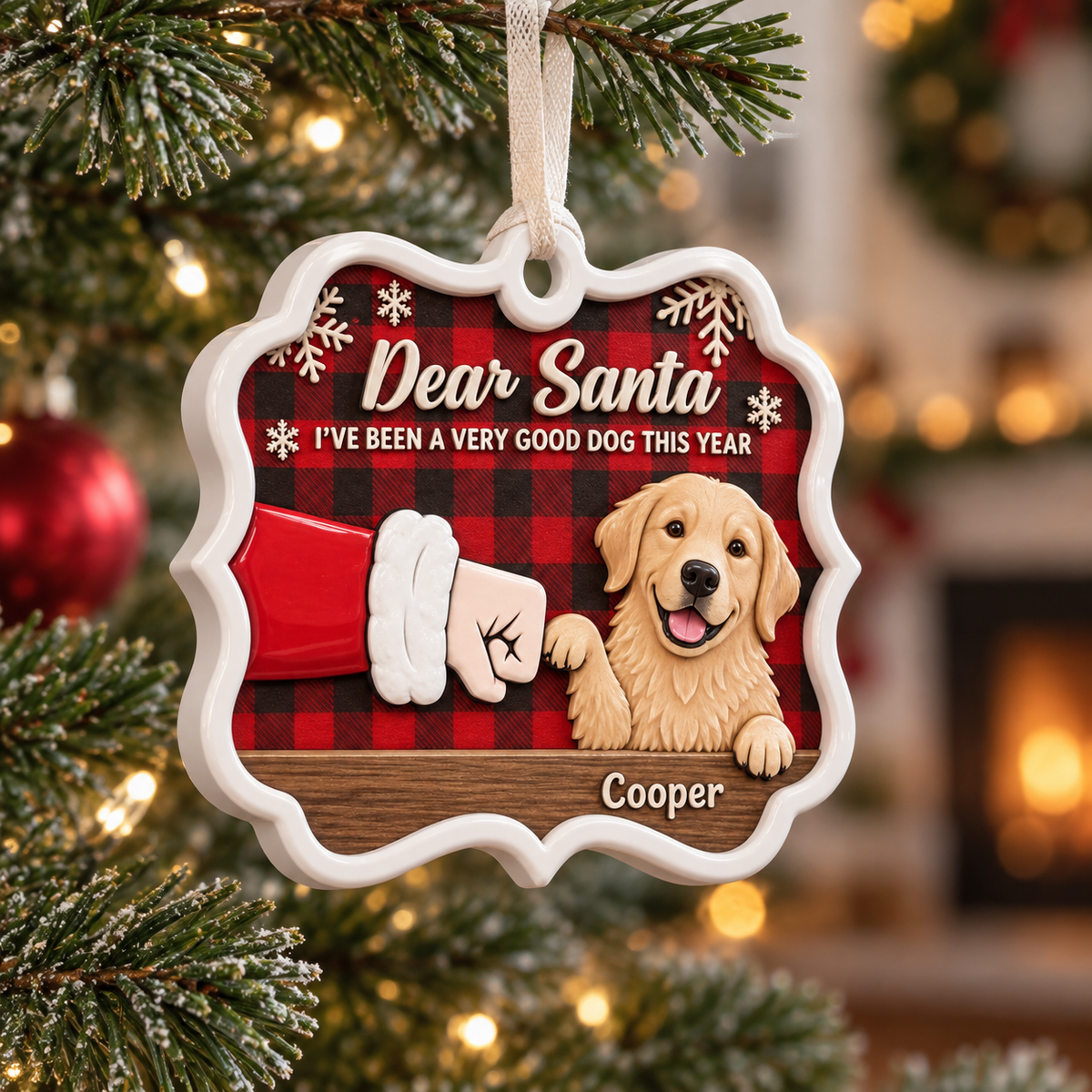 Golden Retriever Santa Fist Bump Red Plaid Holiday Tree Plaque - 3D Relief Ornament