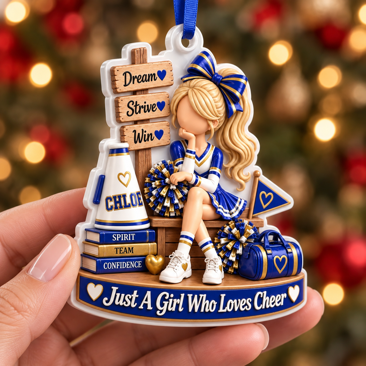 Cheerleading Girl with Megaphone and Pom Poms Acrylic Hanging Holiday Keepsake - 3D Relief Ornament