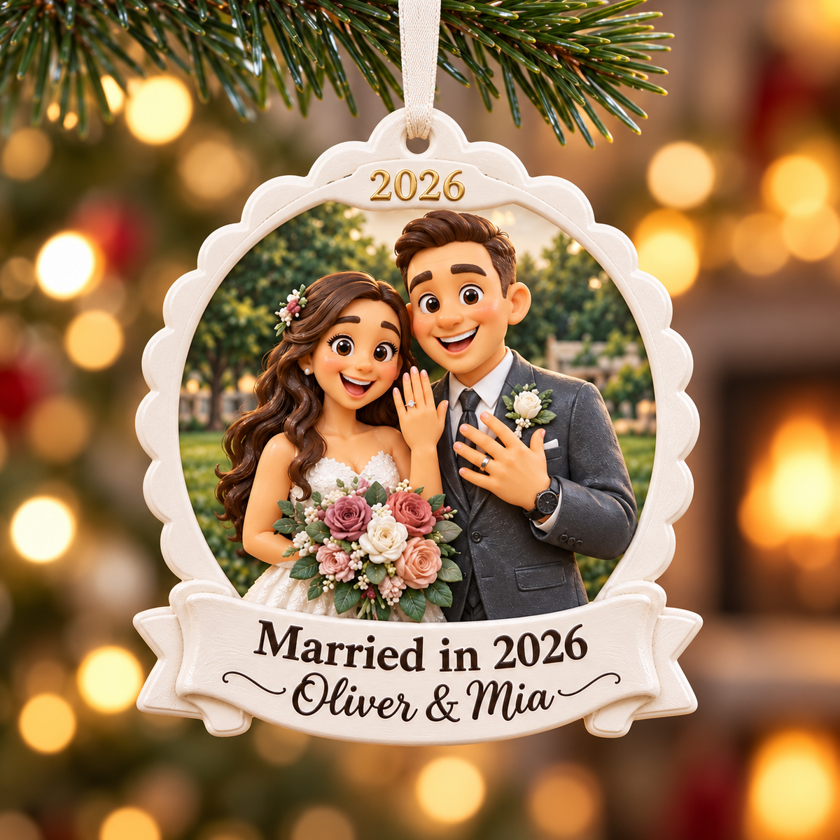 Cartoon Wedding Couple Scalloped Frame Hanging Keepsake - 3D Relief Ornament