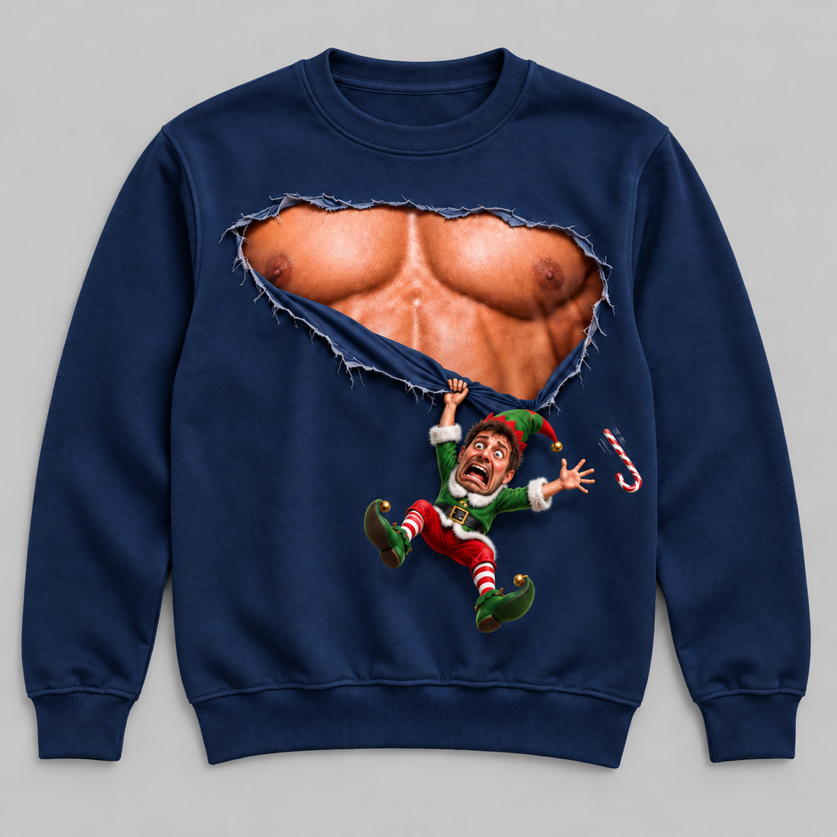 Christmas Sweatshirt with Ripped Muscular Chest Falling Elf Graphic