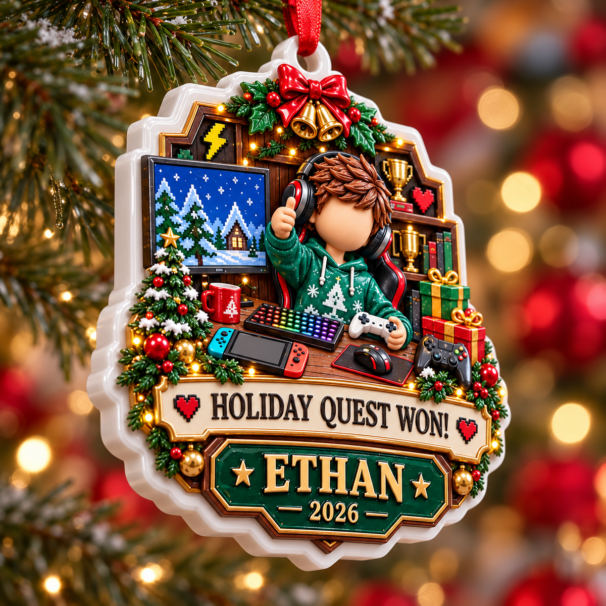 Video Gamer Holiday Quest Boy at Computer Desk Tree Decoration - 3D Relief Ornament