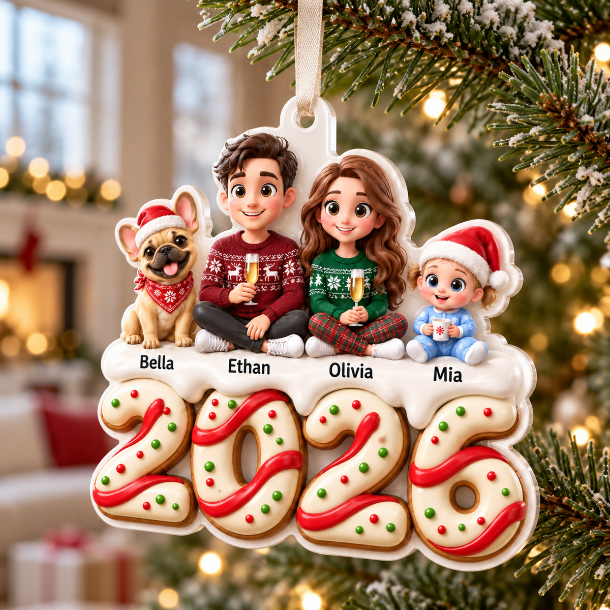 Family of Three with Dog 2026 Gingerbread Theme Christmas Tree Hanging Keepsake - 3D Relief Ornament