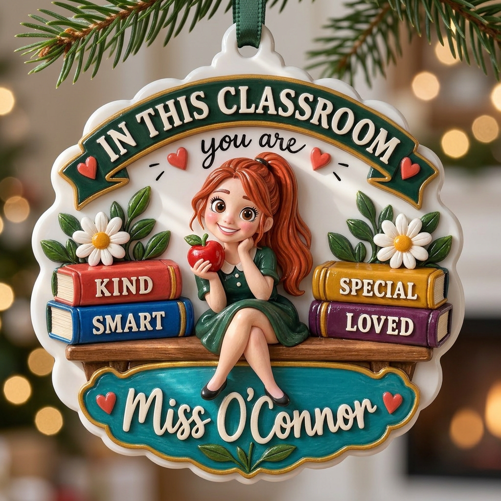Classroom Teacher Hanging Keepsake with Stacked Books and Red Apple - 3D Relief Ornament