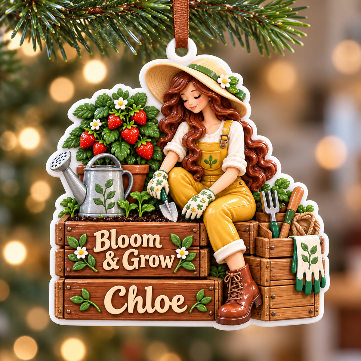 Gardening Girl with Strawberry Planter and Watering Can Holiday Hanging Keepsake - 3D Relief Ornament