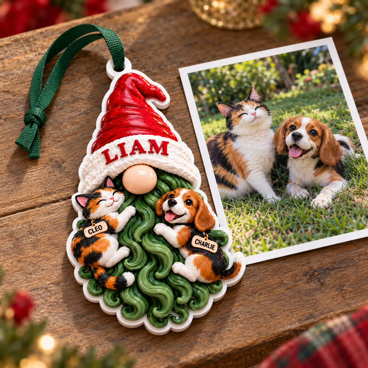 Christmas Gnome with Calico Cat and Beagle Dog Hanging Holiday Decoration - 3D Relief Ornament