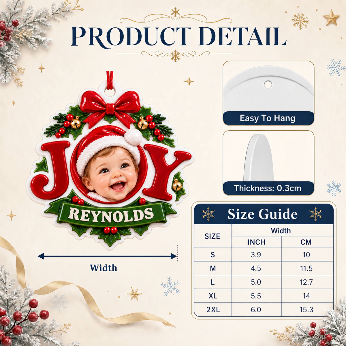 Christmas Joy Tree Hanging Frame Medallion with Red Ribbon Bow and Holly - 3D Relief Ornament