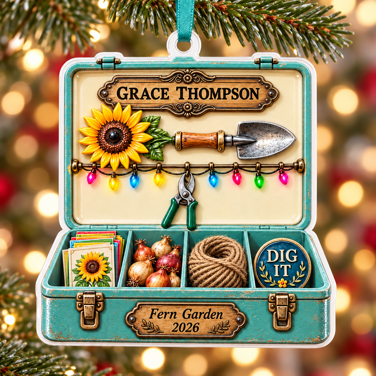 Gardening Toolbox with Seeds Trowel and Sunflower - 3D Relief Ornament