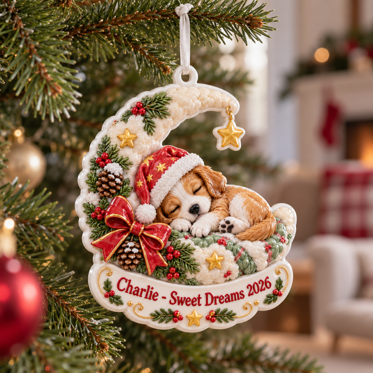 Sleeping Puppy on Crescent Moon Christmas Tree Decor - 3D Relief Ornament