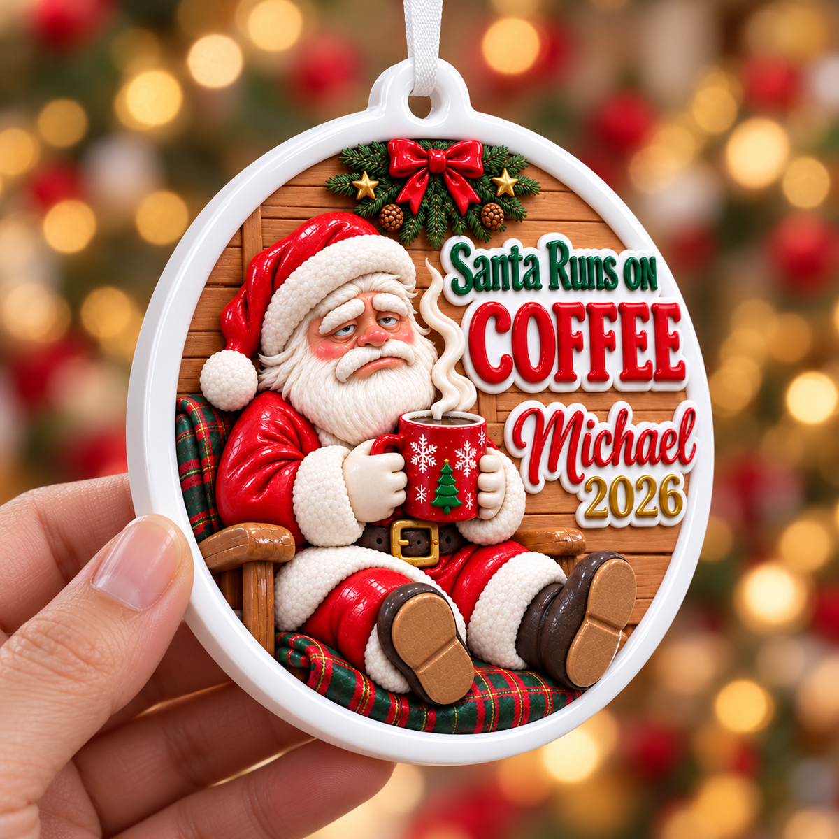 Santa Runs On Coffee Tired Holiday Medallion Hanging Keepsake - 3D Relief Ornament