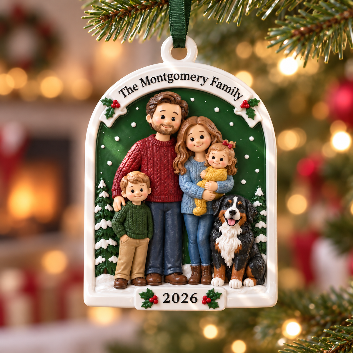 Family of 4 with Pet Dog Christmas Tree Hanging Plaque, Arched Ceramic Holiday Keepsake - 3D Relief Ornament