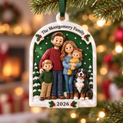 Family of 4 with Pet Dog Christmas Tree Hanging Plaque, Arched Ceramic Holiday Keepsake - 3D Relief Ornament