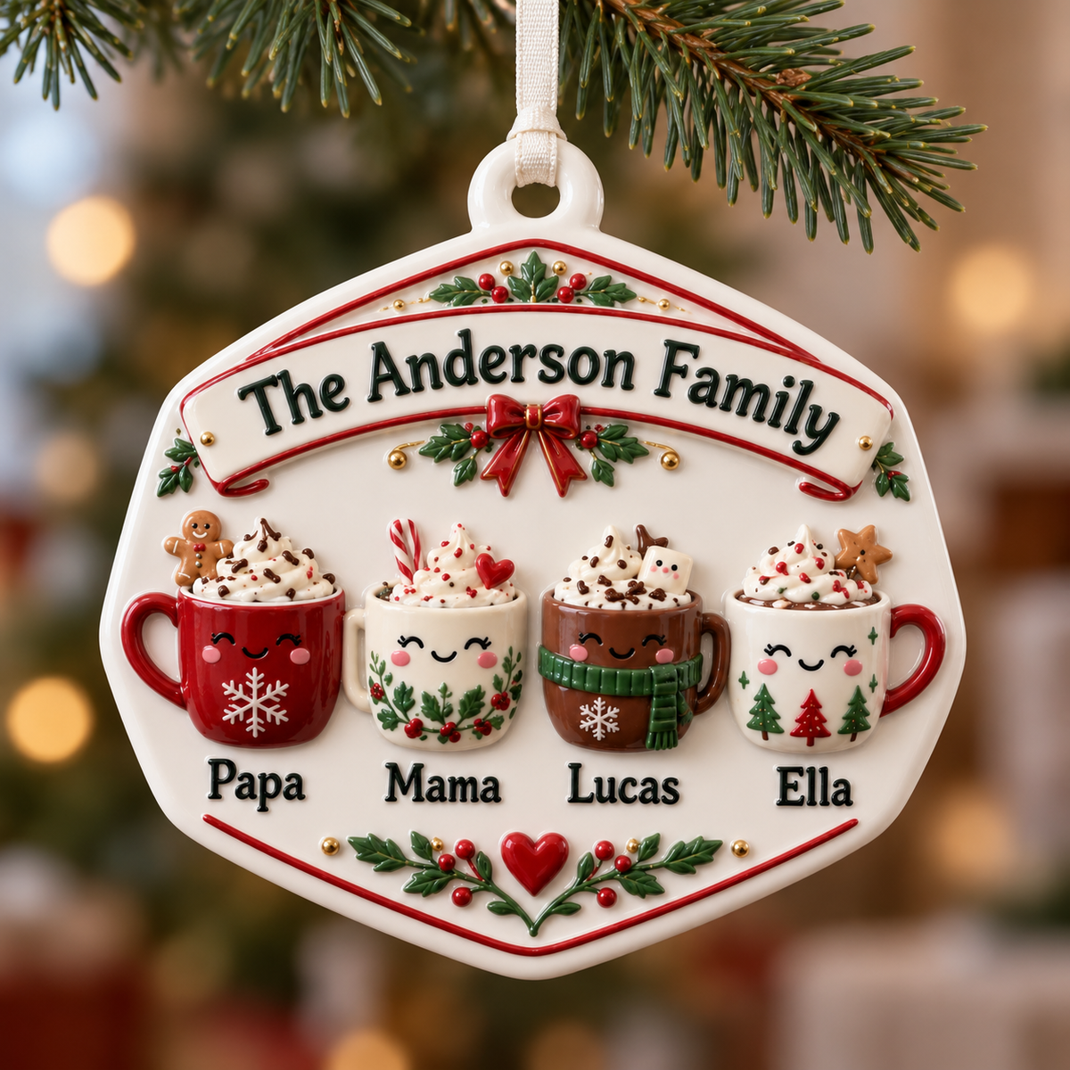 Family Hot Cocoa Mugs Ceramic Christmas Tree Holiday Keepsake Plaque - 3D Relief Ornament