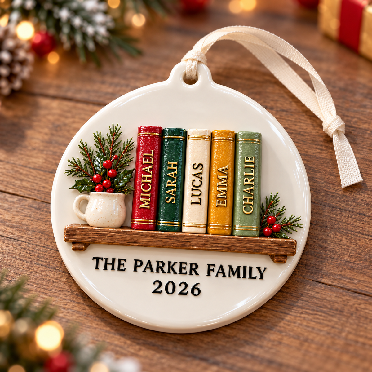 Round White Ceramic Holiday Tree Hanging Medallion, Glossy Porcelain Disc - 3D Relief Ornament