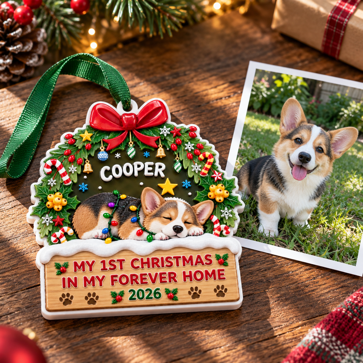 Sleeping Corgi Dog First Christmas In My Forever Home Holiday Plaque - 3D Relief Ornament