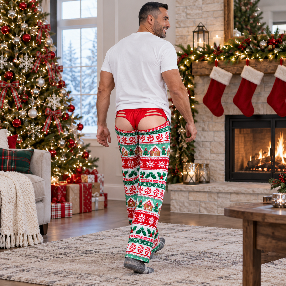 Mens Christmas Chaps Pajama Pants Novelty Holiday Lounge Bottoms