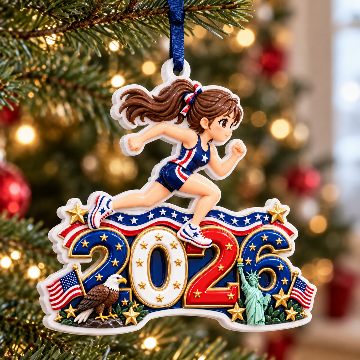 Female Runner 2026 Patriotic USA Track and Field Athlete - 3D Relief Ornament