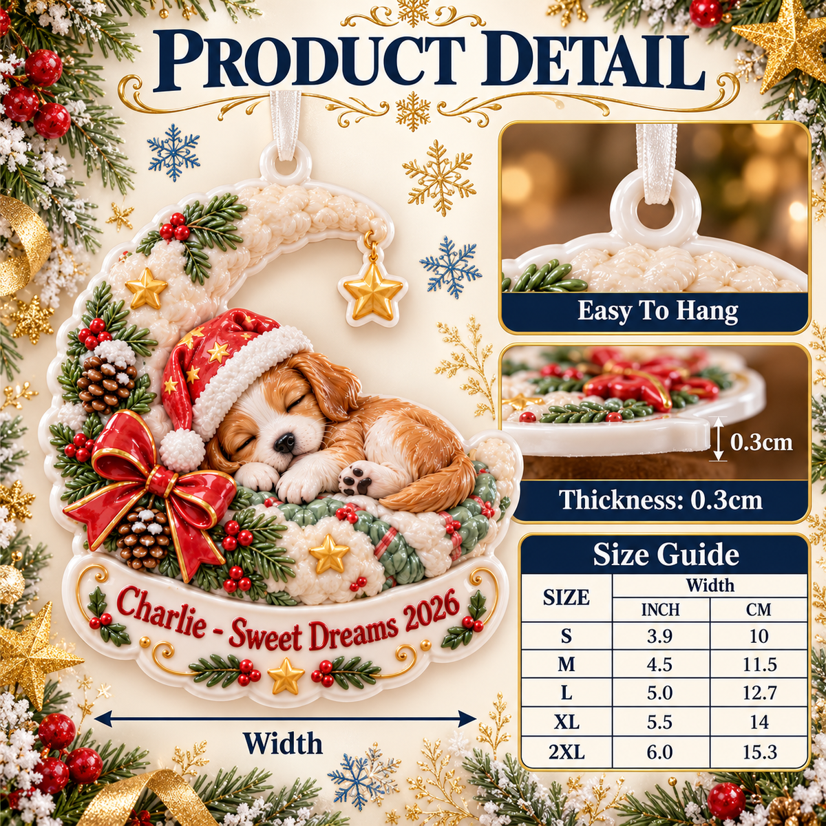 Sleeping Puppy on Crescent Moon Christmas Tree Decor - 3D Relief Ornament