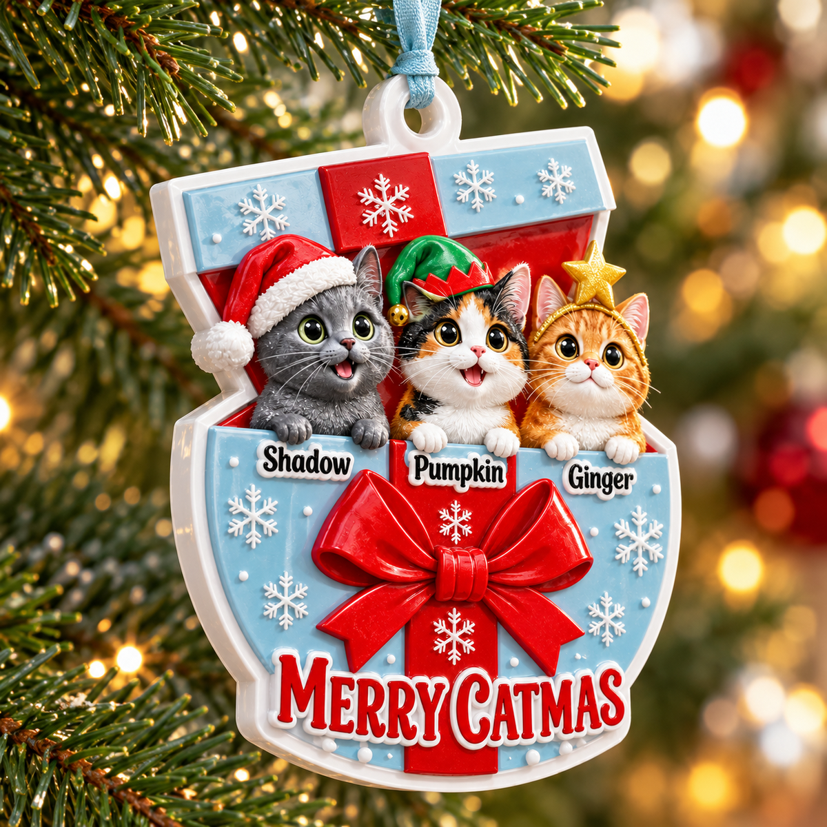 Holiday Cat Trio in Present Box Christmas Tree Pendant, Snowflake Bow Keepsake - 3D Relief Ornament