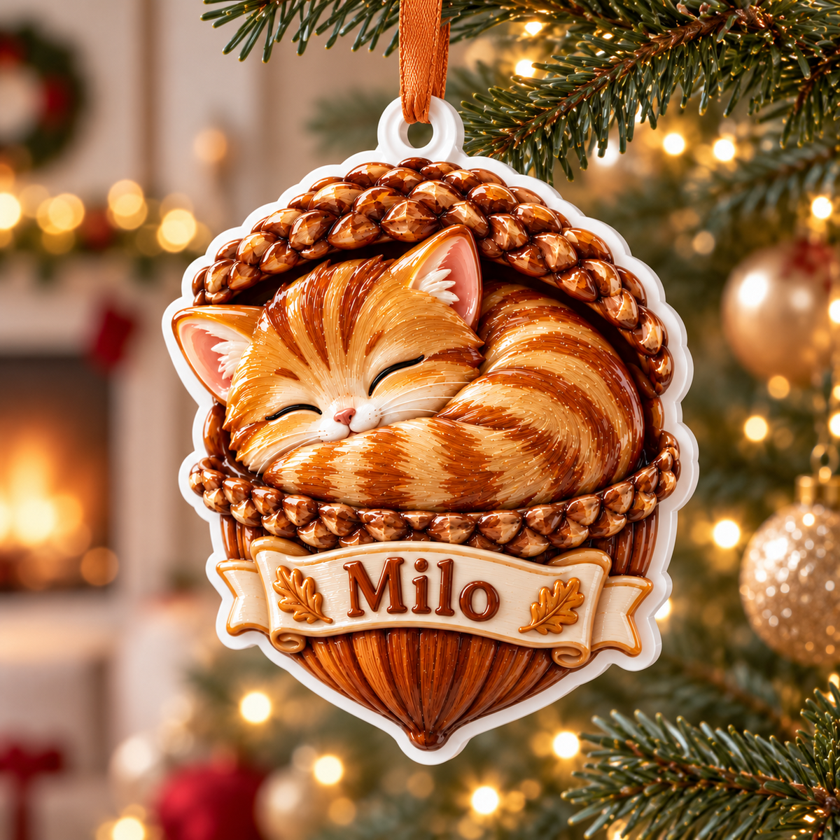 Sleeping Orange Tabby Cat in Acorn Basket Acrylic Holiday Keepsake - 3D Relief Ornament