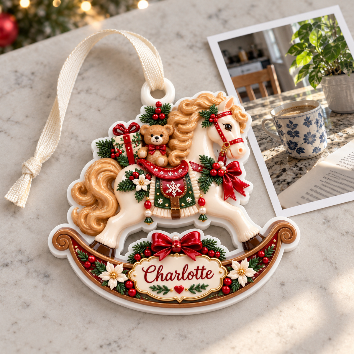 Vintage Rocking Horse with Teddy Bear and Christmas Holly Accent - 3D Relief Ornament