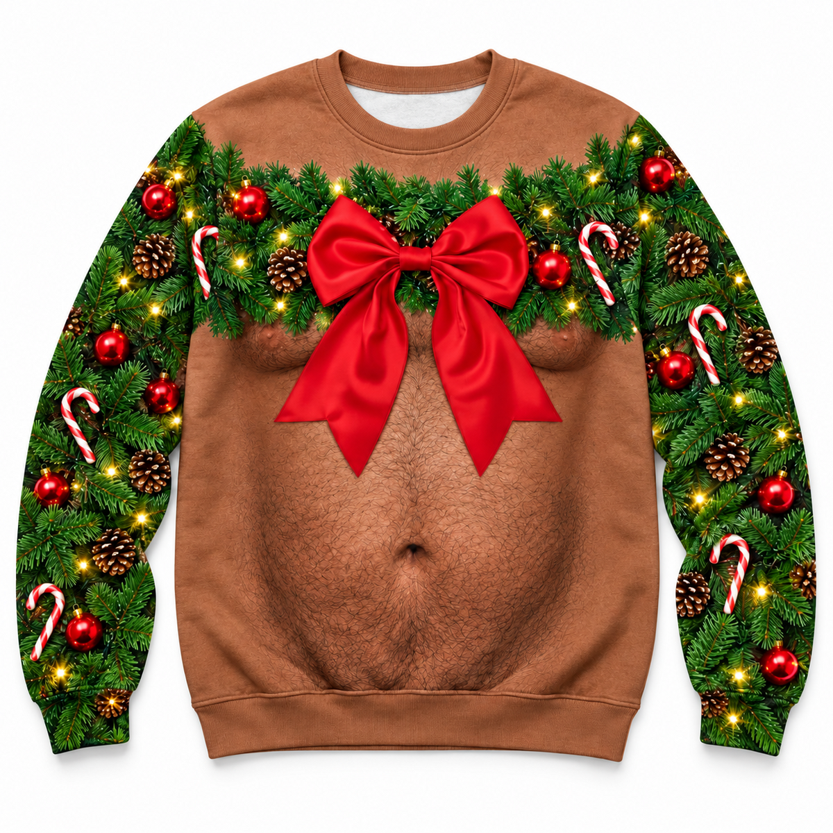 Christmas Sweatshirt Funny Bare Torso Garland Bow Holiday Pullover