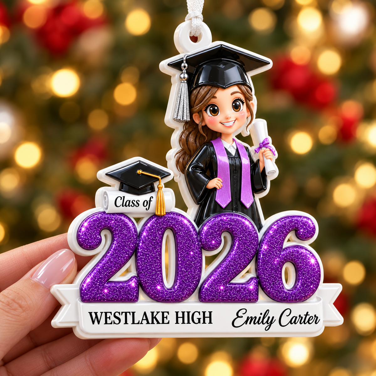 Graduate Girl Class of 2026 Purple Glitter Cap and Gown Keepsake - 3D Relief Ornament
