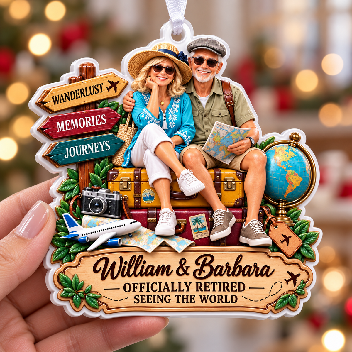 Retired Couple Traveling World Vacation Keepsake - 3D Relief Ornament