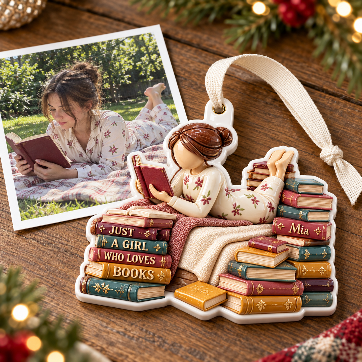 Girl Reading on Bed with Book Stacks Hanging Keepsake - 3D Relief Ornament