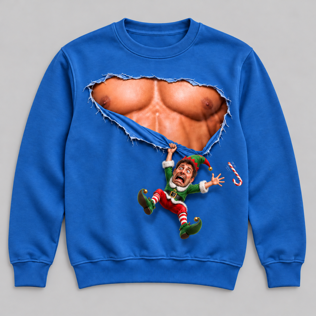 Christmas Sweatshirt with Ripped Muscular Chest Falling Elf Graphic
