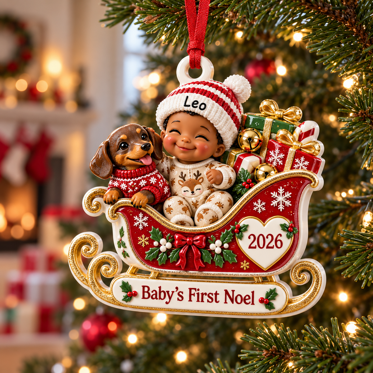 Baby's First Noel Christmas Sleigh with Dachshund Dog Keepsake - 3D Relief Ornament